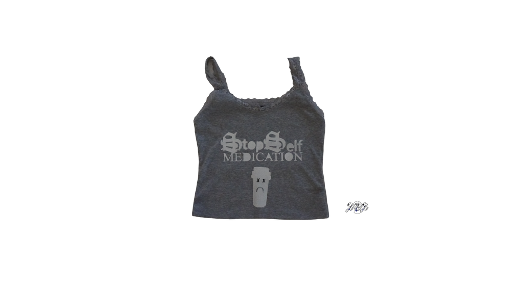 Gray "Stop Self Medication" SHEIN Essnce Summer Lace Trimmed Tight-Fitting Casual Vacation Knitted Tank Top