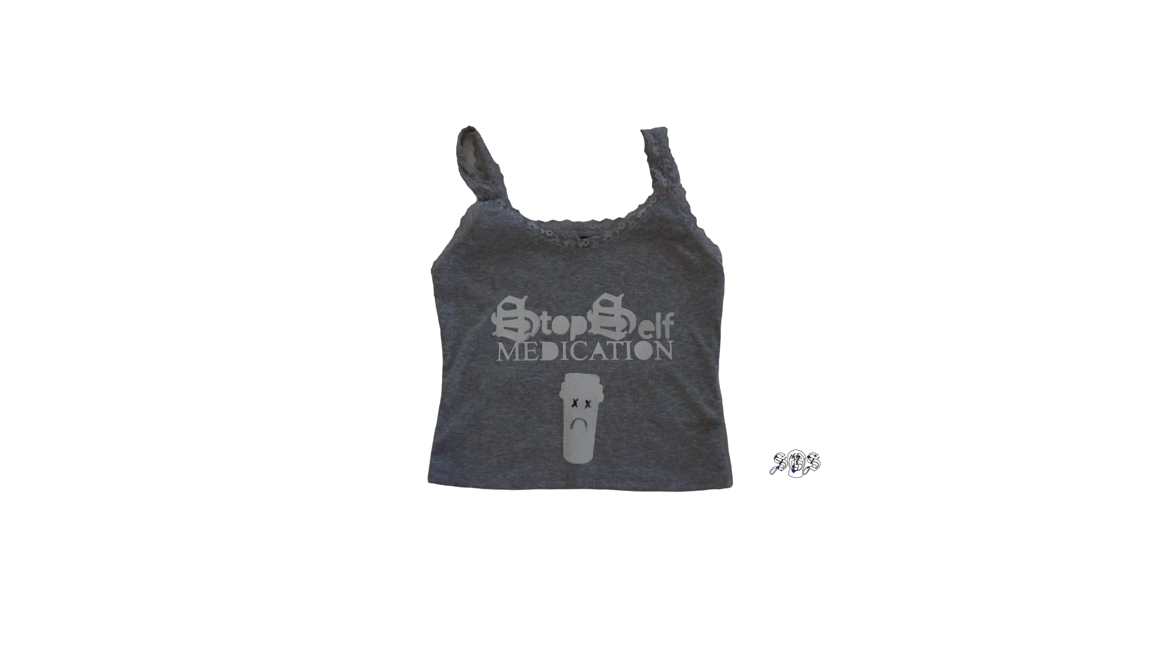 Gray "Stop Self Medication" SHEIN Essnce Summer Lace Trimmed Tight-Fitting Casual Vacation Knitted Tank Top