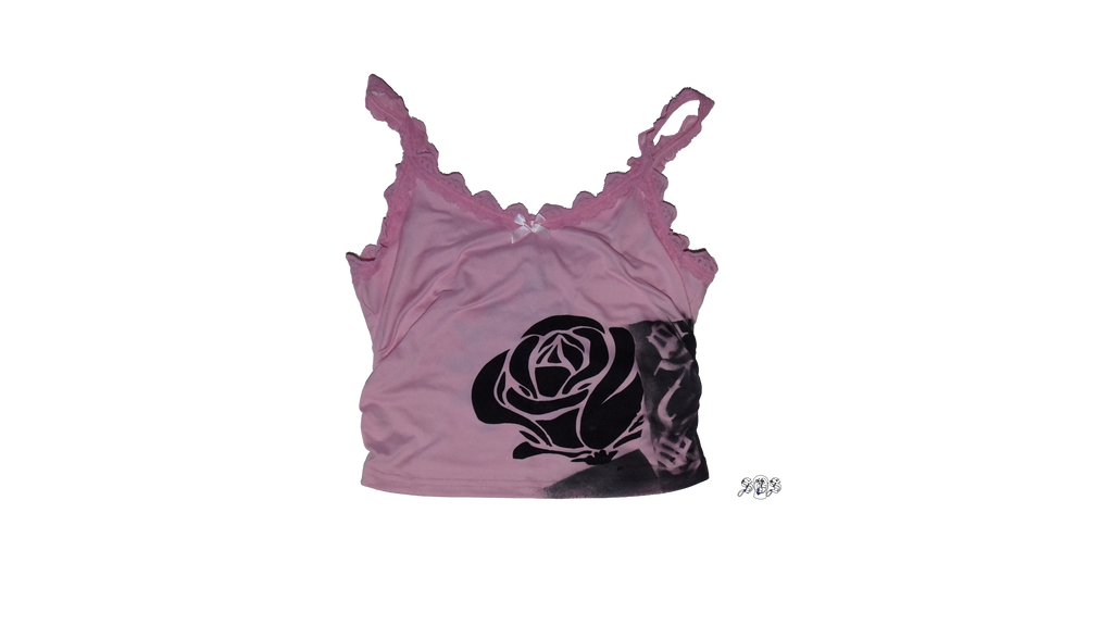 Pink "Concrete Roses" SHEIN MOD Women Casual Lace Ruffled Camisole Top Set