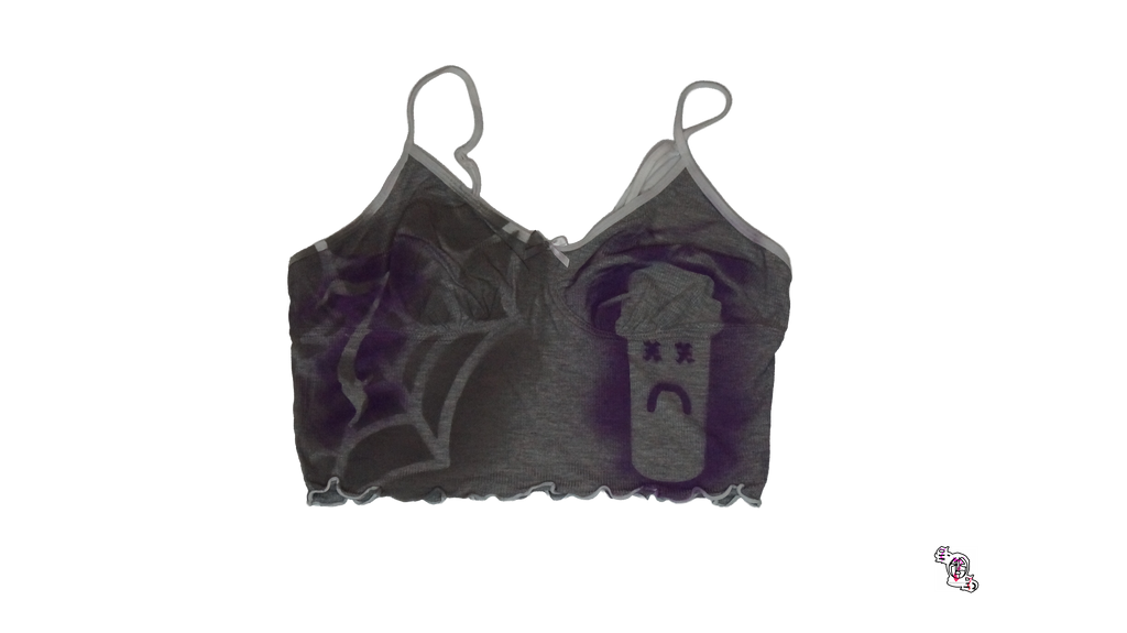 "Stop Self Medication Bottle" Grey Women Solid Color Ruffle Trim Bow Tie Camisole