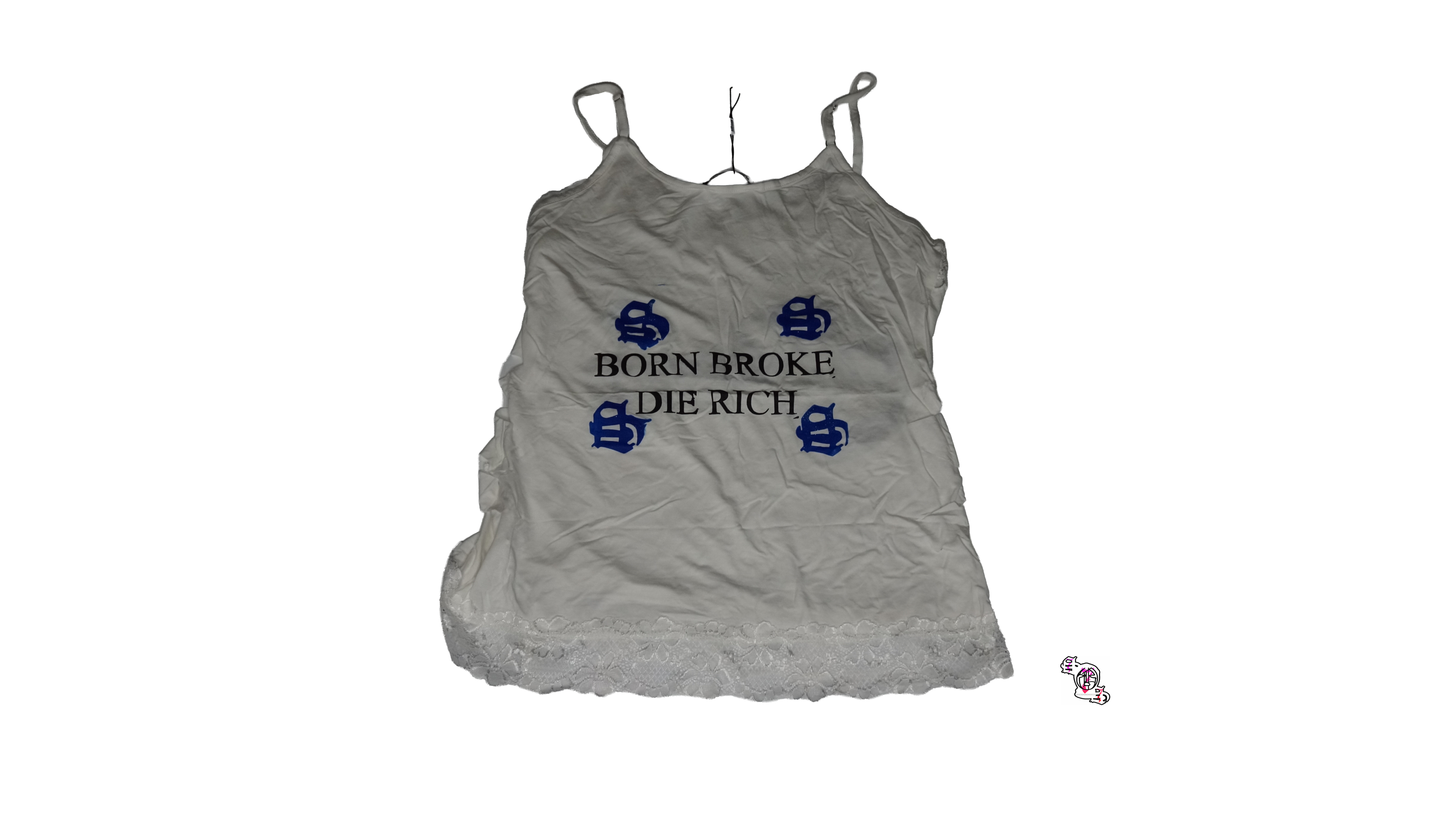 "Born Broke Die Rich" White Kate Kasin Lace Camisole Tank Top