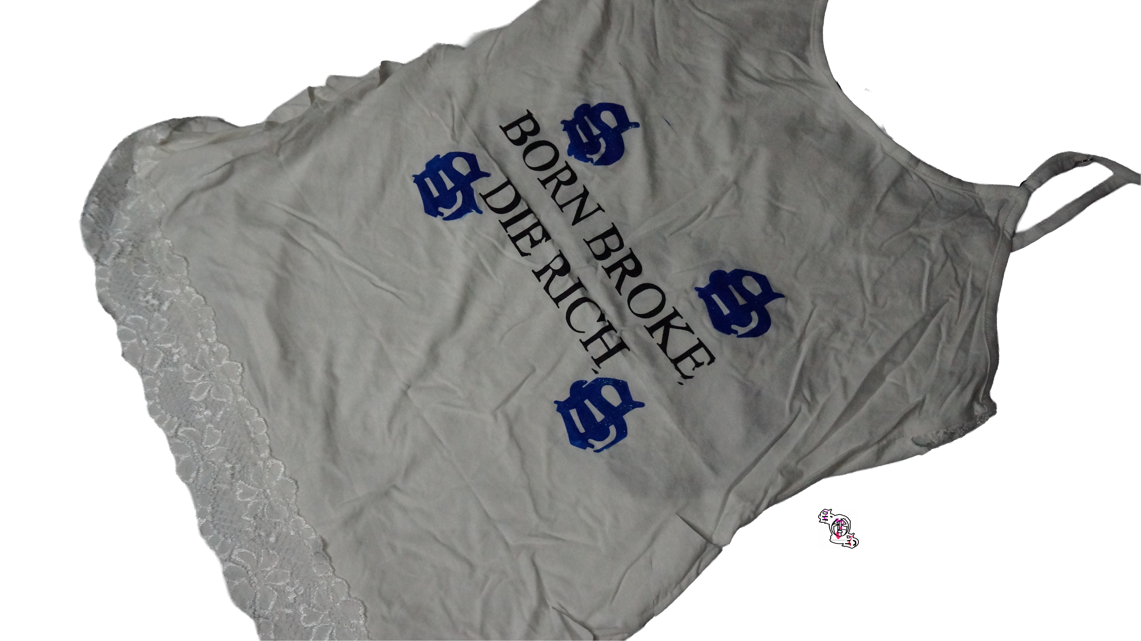 "Born Broke Die Rich" White Kate Kasin Lace Camisole Tank Top