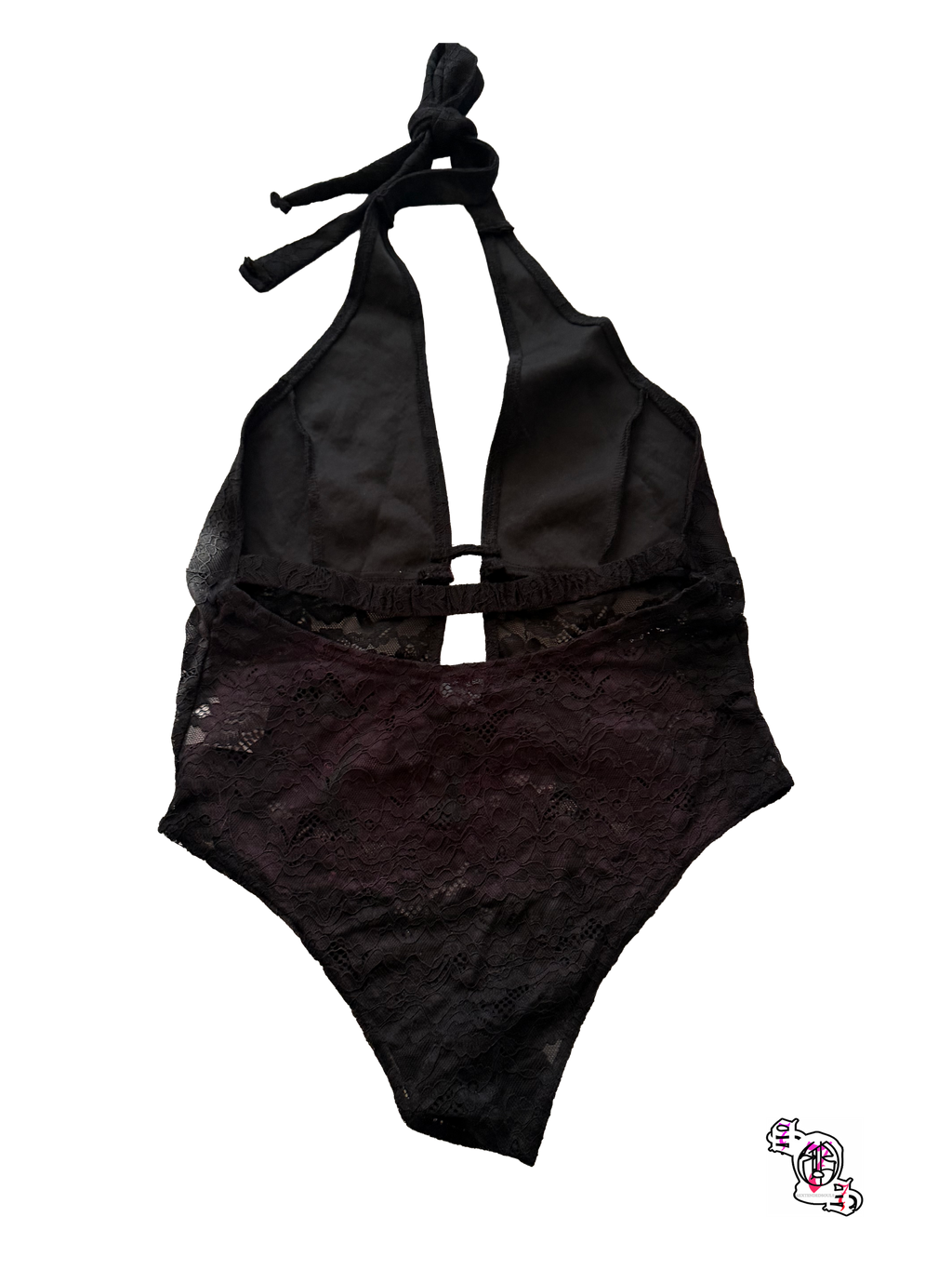 "SOS Stop Self Medication" Black Women Cutout Lace Halter Bodysuit