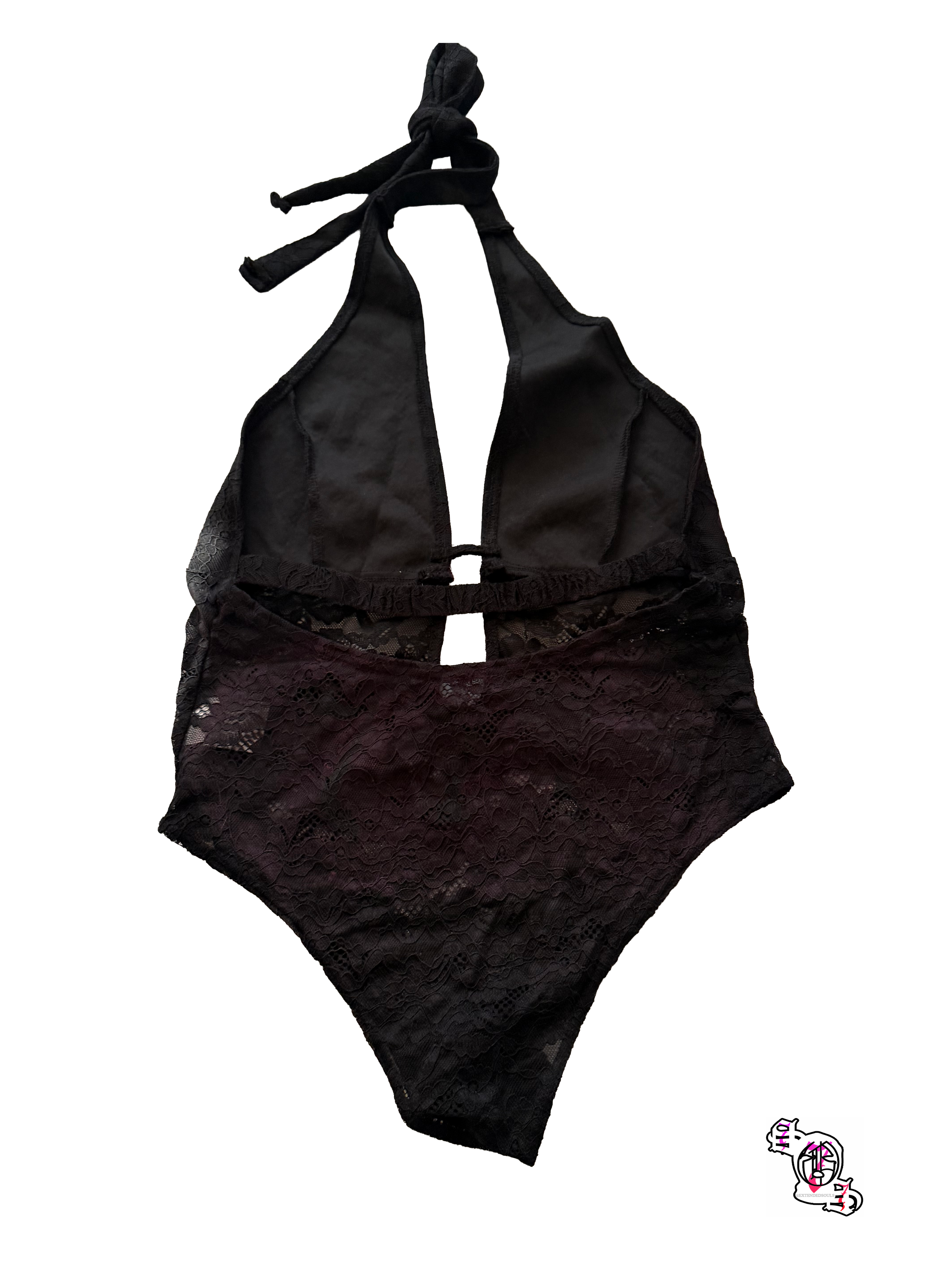 "SOS Stop Self Medication" Black Women Cutout Lace Halter Bodysuit