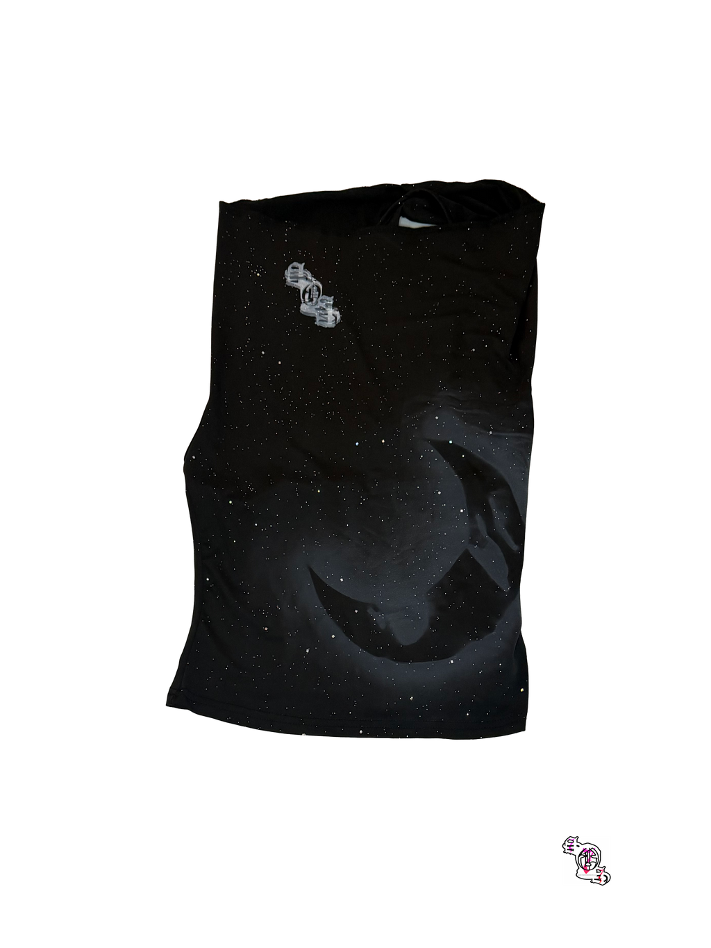 "SOS Moon" Black Sweetra Sleeveless Crop Top , Glitter Sequin Decor