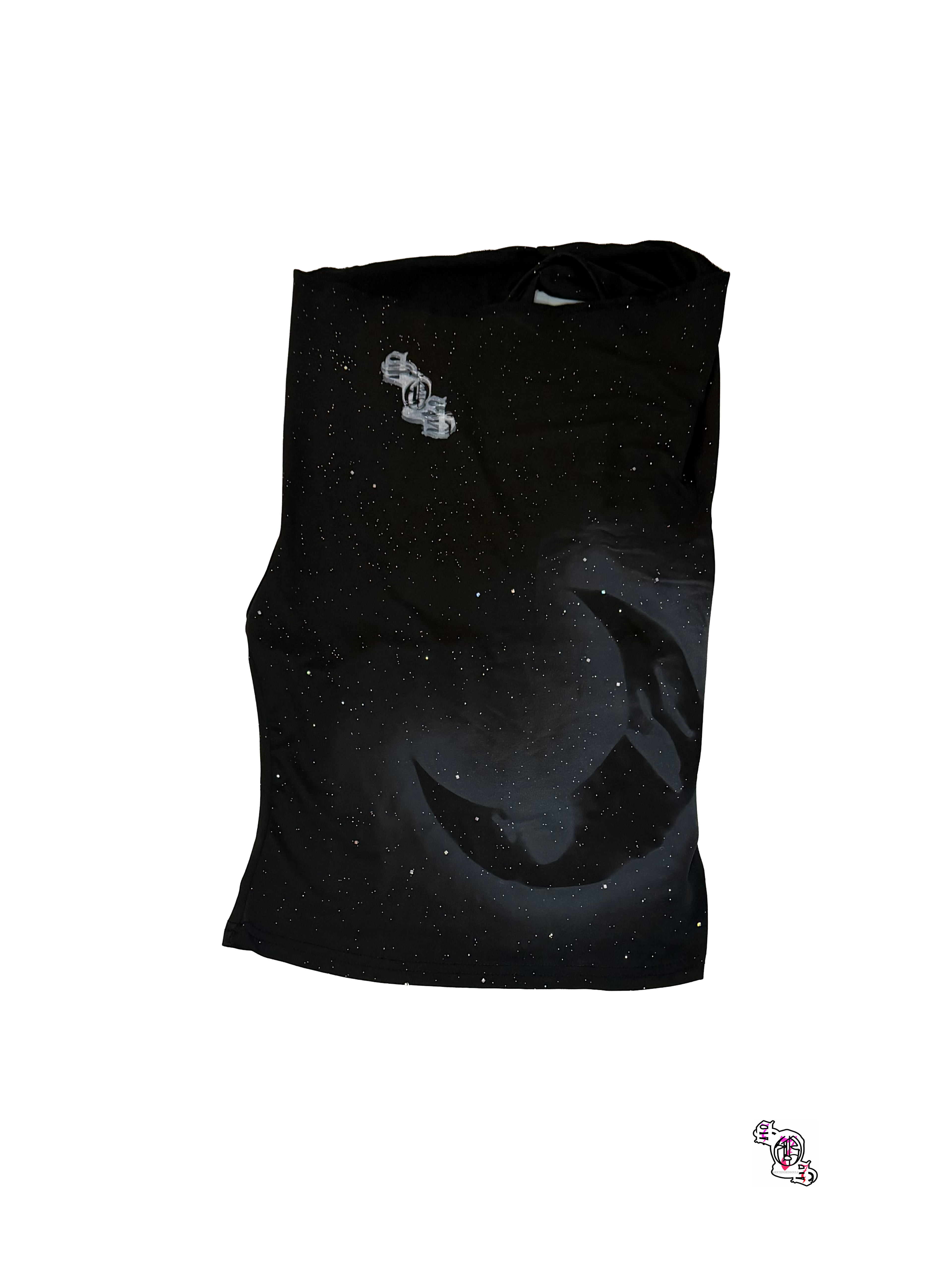 "SOS Moon" Black Sweetra Sleeveless Crop Top , Glitter Sequin Decor